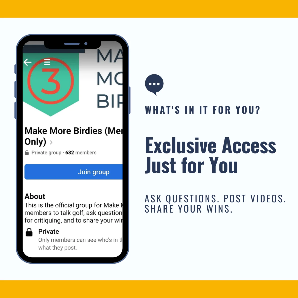 A mobile phone with the text What's in it for you? Exclusive Access! Share your wins!